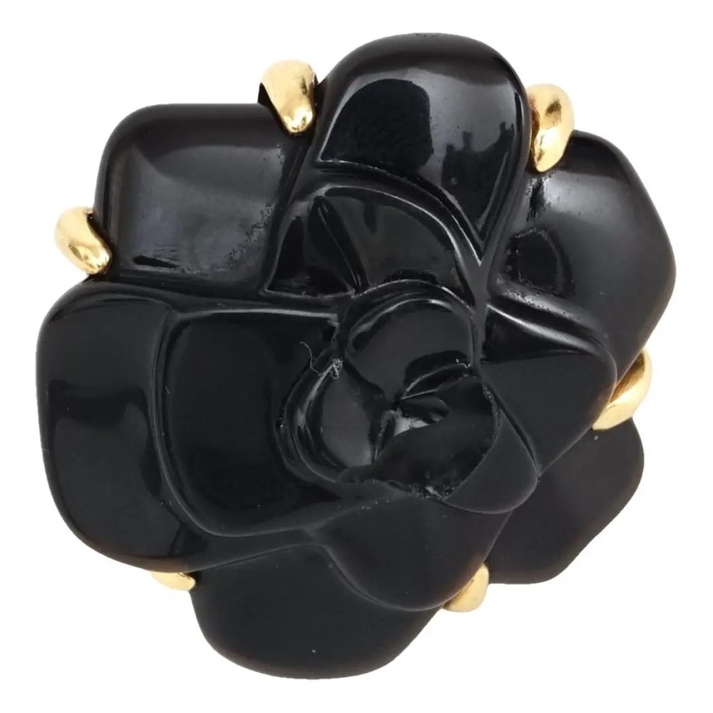 CHANEL Camellia Onyx Ring K18 Yellow Gold Ring Size 4.5 - Picture 2 of 10